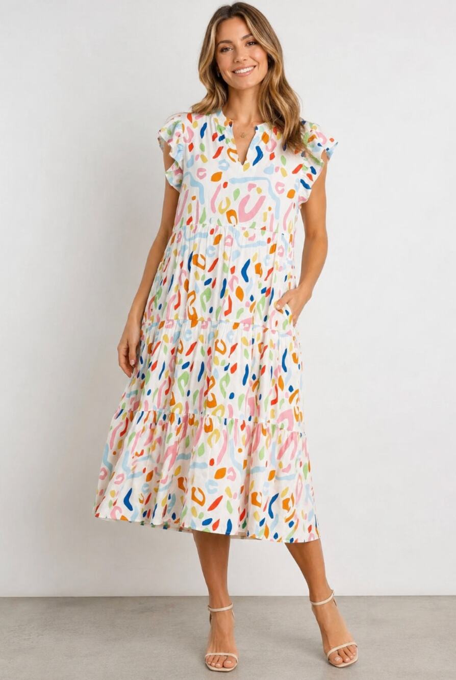 THML Abstract Print Tiered Midi Dress Large Flutter Sleeve Colorful Boho
